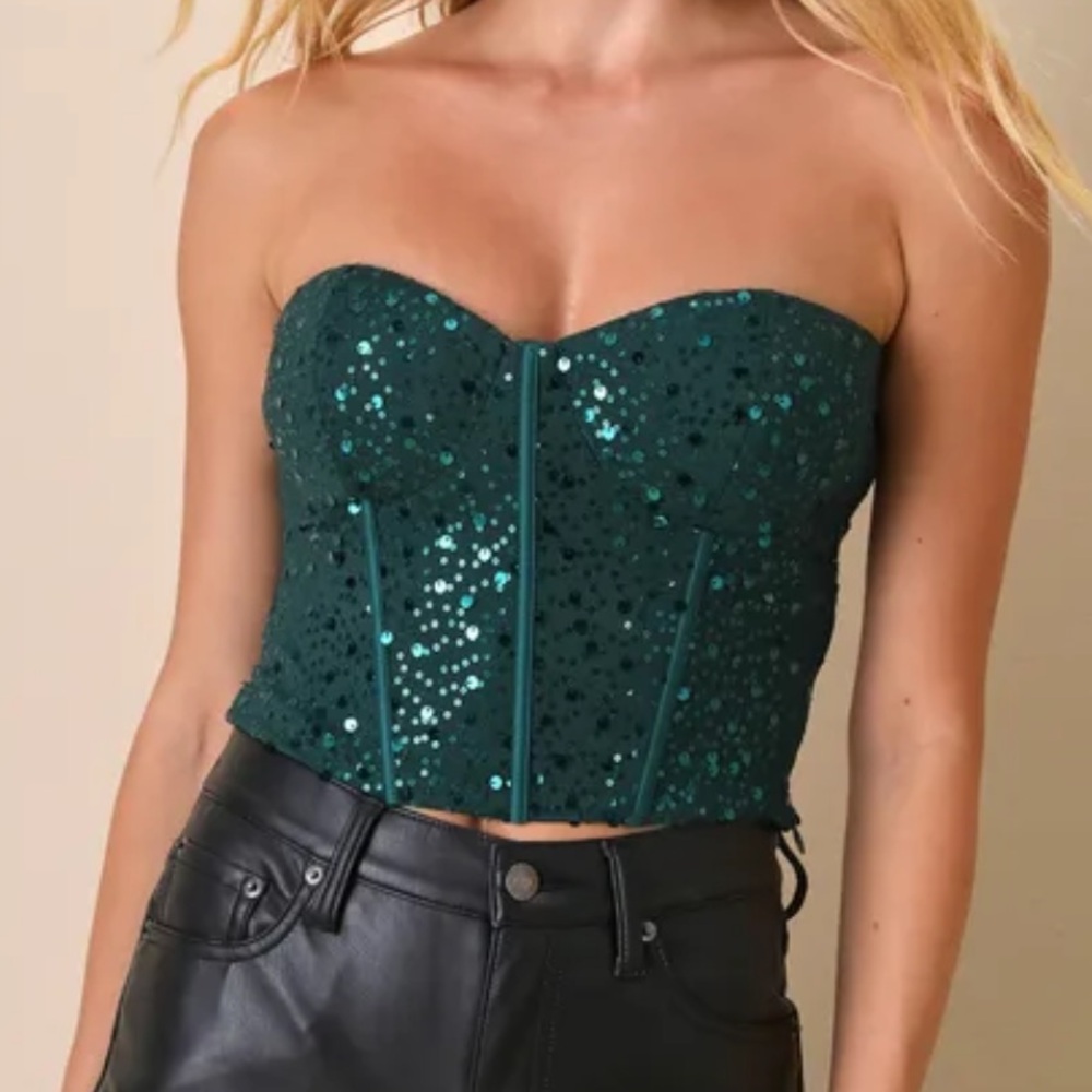 Sultry Radiance Emerald Green Sequin Strapless Bustier Crop Top